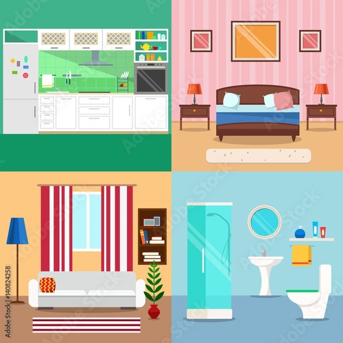 Vector image. Room interior . Flat style. Set of bedroom, living room, kitchen, bathroom