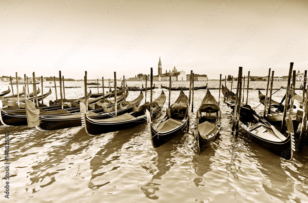 Gondolas moored by St Mark's Square in Venice 