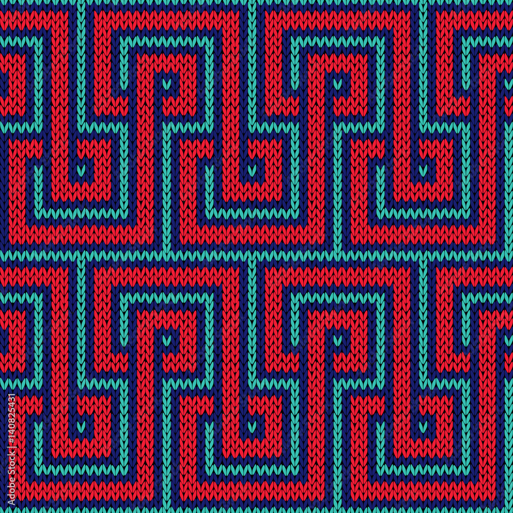 Knitting seamless pattern in red and blue hues