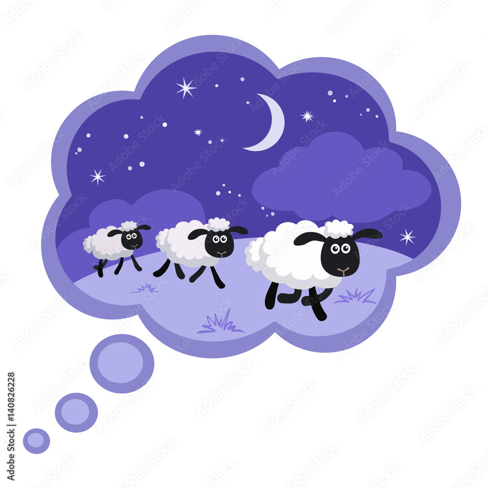 Obraz premium Counting sheep in the night background in a dream bubble with frame