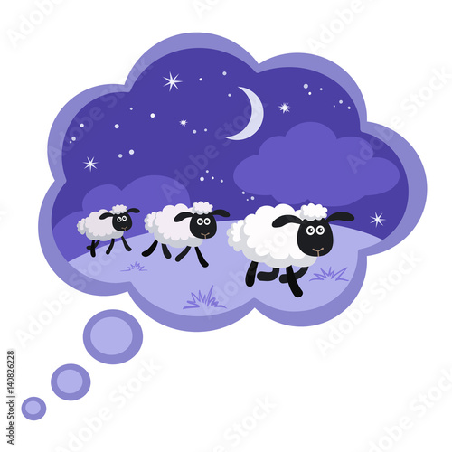 Counting sheep in the night background in a dream bubble with frame