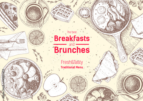 Brunch and breakfast top view frame. Food menu design. Vintage hand drawn sketch vector illustration