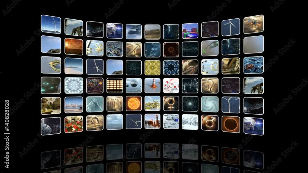 Animated curved video wall with icons. Loop-able. 3D rendering 4K Animated curved video wall with icons. Loop-able. 3D rendering 4K