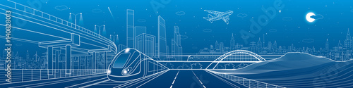 Automobile highway, infrastructure and transportation panorama, airplane fly, train move on the bridge, two locomotives in depot, night city, towers and skyscrapers, urban scene, vector design art photo