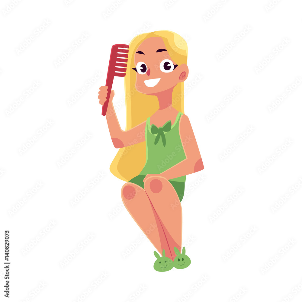 Little girl in nightgown and slippers combing her clean, long, fair hair,  cartoon vector illustration isolated on white background. Girl combing  hair, evening routine Stock Vector | Adobe Stock