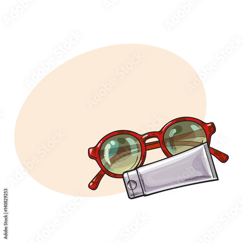 Round sunglasses in plastic frame and sun tan lotion, cream tube, sketch vector illustration i with place for text. Hand drawn round glamorous sunglasses and lotion tube, beach, summer vacation