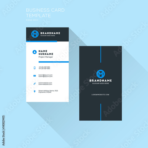 Vertical Business Card Print Template. Personal Visiting Card with Company Logo. Clean Flat Design. Vector Illustration
