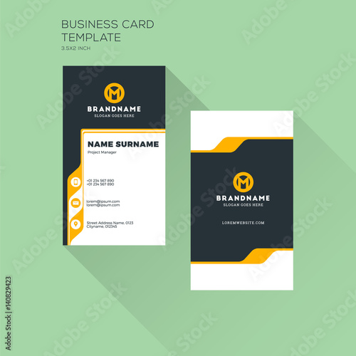 Vertical Business Card Print Template. Personal Visiting Card with Company Logo. Clean Flat Design. Vector Illustration