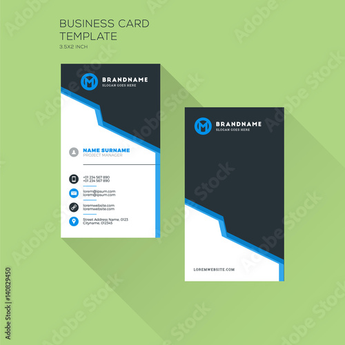 Vertical Business Card Print Template. Personal Visiting Card with Company Logo. Clean Flat Design. Vector Illustration