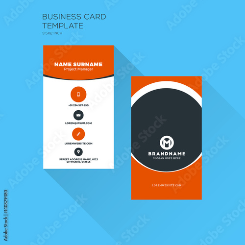 Vertical Business Card Print Template. Personal Visiting Card with Company Logo. Clean Flat Design. Vector Illustration