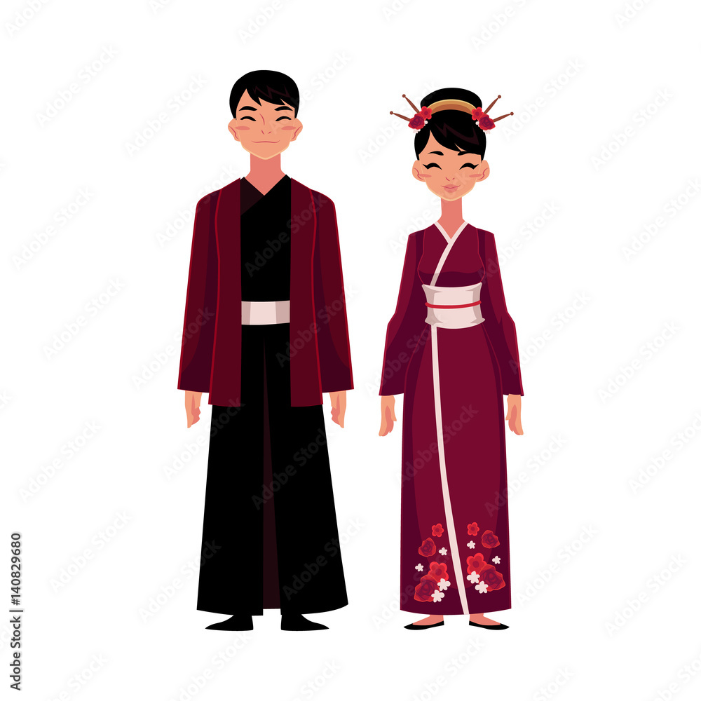 Chinese man and woman in national costumes, embroidered dress and long robe with jacket, cartoon vector illustration isolated on white background. People from China in Chinese national clothes