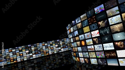 Animated unrolling media video wall. Loop-able. 3D rendering 4K