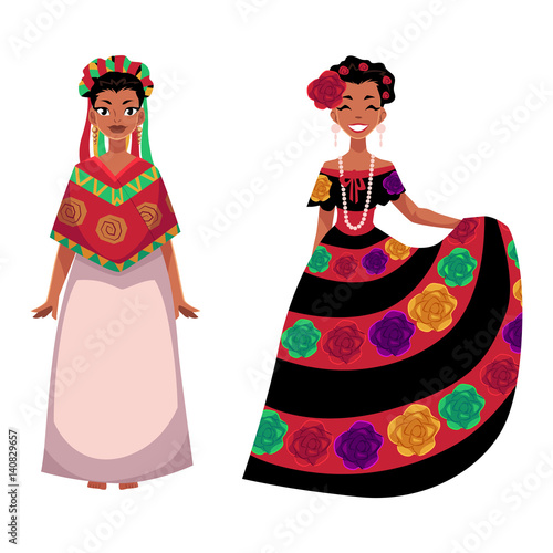 two Mexican woman in traditional national dress decorated with embroidered flowers, cartoon vector illustration isolated on white background. two Full length portrait of Mexican woman in dress