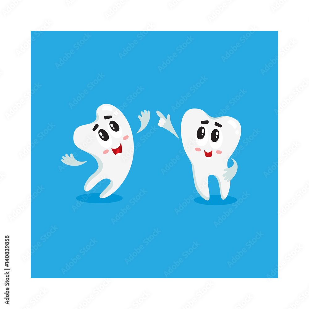 Two funny tooth characters looking, pointing up, dental health care concept, isolated cartoon vector illustration. Couple of happy tooth characters, mascots, dental care design element Two funny tooth characters looking, pointing up, dental health care concept, isolated cartoon vector illustration. Couple of happy tooth characters, mascots, dental care design element
