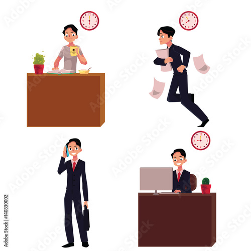 Work day, morning of businessman - breakfast, hurrying to work, talking by phone, sitting in office, cartoon vector illustration isolated on white background. Work day of businessman, worker, employee