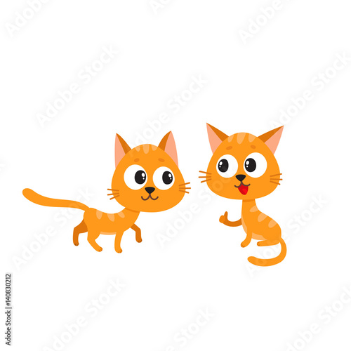 Two cute and funny, naughty, playful red cat characters playing together, cartoon vector illustration isolated on white background. Couple of curious, mischievous, naughty red cat characters