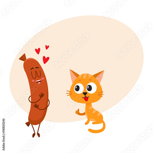 Cute and funny red cat, kitten character looking heartily at tasty sausage, cartoon vector illustration with place for text. Funny red cat, kitten character giving thumb up and sausage