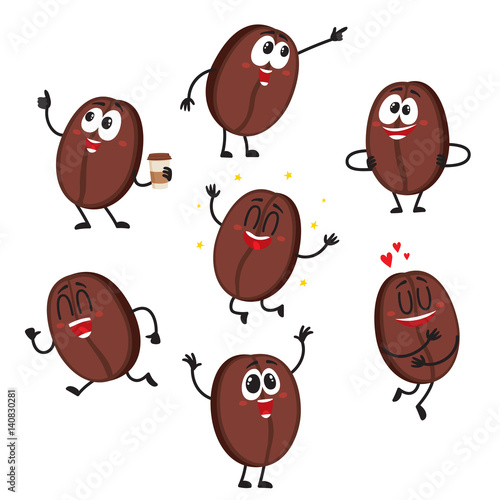 Cute and funny coffee bean characters with human face showing different emotions, cartoon vector illustration isolated on white background. Set of coffee bean characters, mascot, design elements