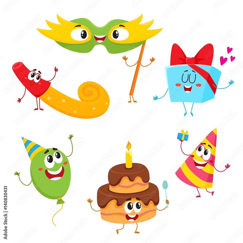 Cute and funny birthday item characters with smiling human faces, cartoon vector illustration isolated on white background. Set of birthday party characters, mascots - cake, gift, mask, horn, balloon Cute and funny birthday item characters with smiling human faces, cartoon vector illustration isolated on white background. Set of birthday party characters, mascots - cake, gift, mask, horn, balloon