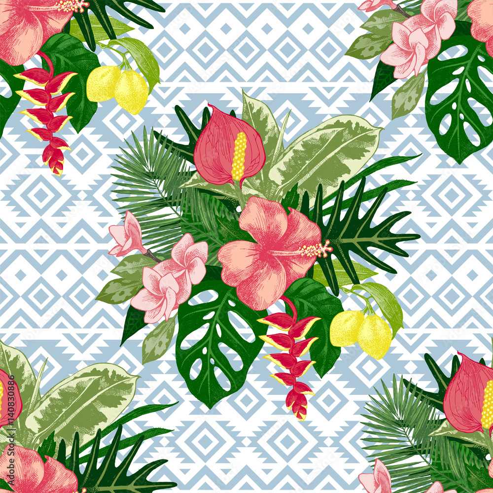 Seamless pattern with tropical plants wall mural wallpaper ...