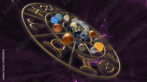 Rotating mystic astrology zodiac horoscope symbol with twelve planets in cosmic scene. 3D rendering. 4K