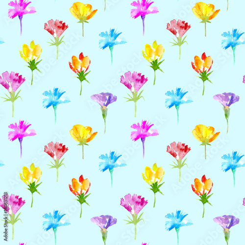 Floral seamless pattern of a wild flowers. Buttercup, cornflower, bluebell, snowdrop flowers. Watercolor hand drawn illustration. Blue background.