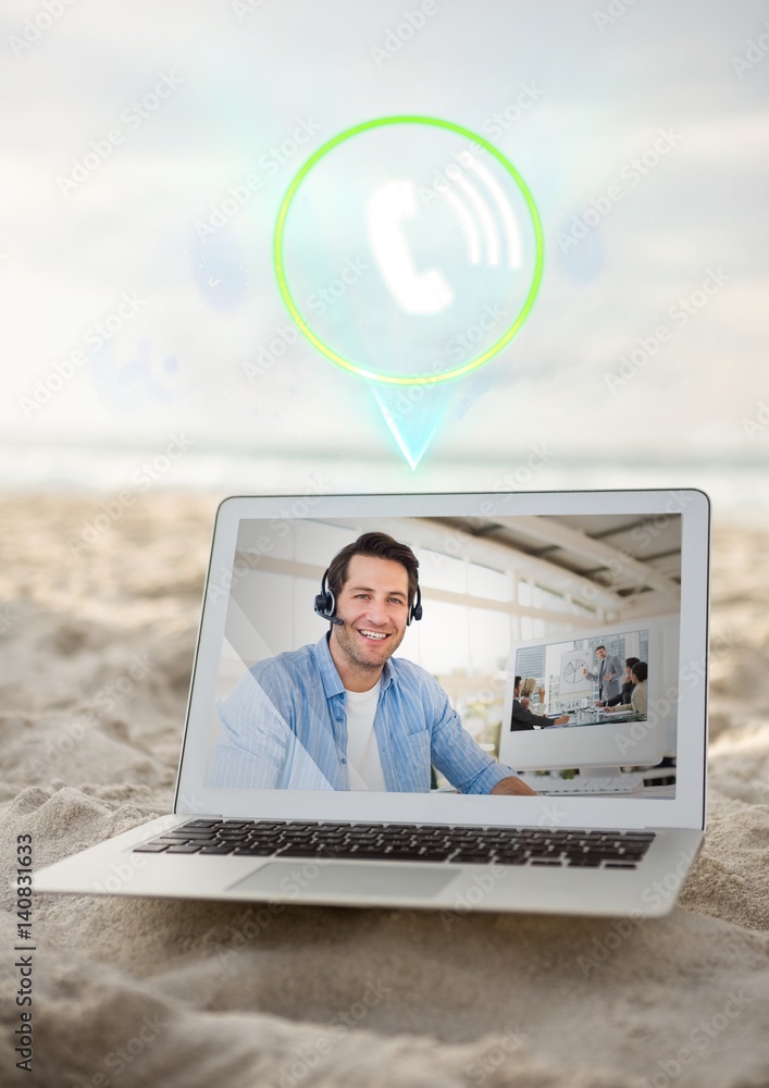 Digital composite image of man having video call on laptop