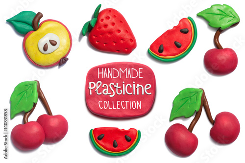 Handmade plasticine summer fruits collection. Apple, strawberry, cherry, watermelon all objects handmade of plasticine and big resolution. photo