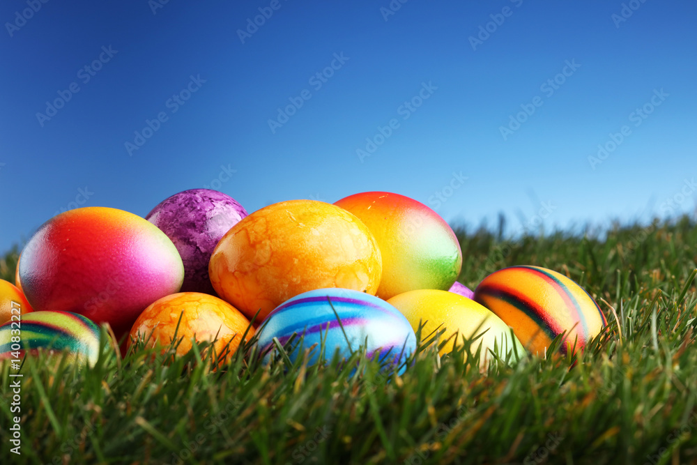 Fototapeta premium Row of Easter eggs in Fresh Green Grass