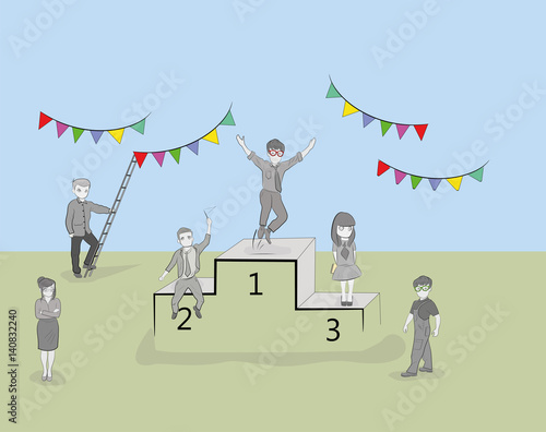 Sketch of working little people with pedestal, teamwork. Doodle cute miniature scene of workers preparing for the ceremony. Hand drawn cartoon vector illustration for business design and infographic.