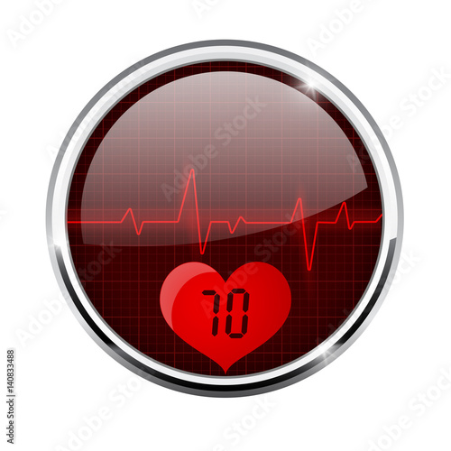 Electrocardiogram sign with pulse 70 indication. Red round 3d icon with chrome frame