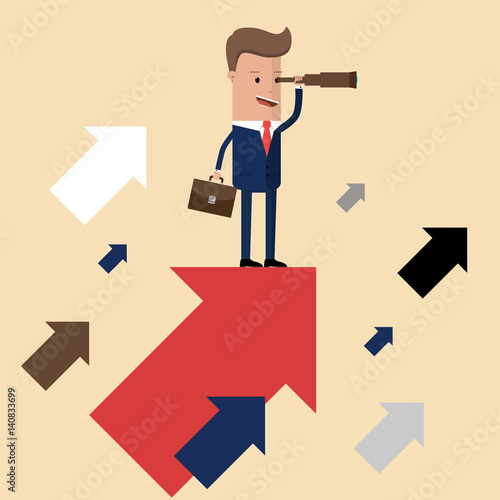 Vision and Growth, Upwards. Businessman standing on a flying arrows. Businessman looking success.  Concept business illustration