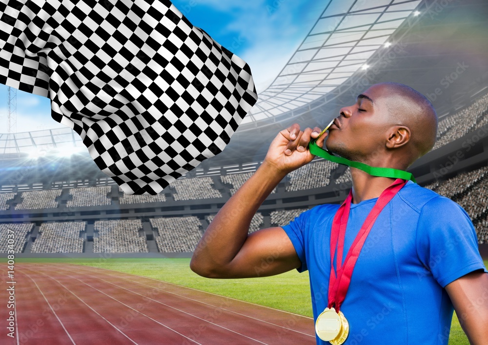 Φωτογραφία Athlete kissing his gold medal in stadium