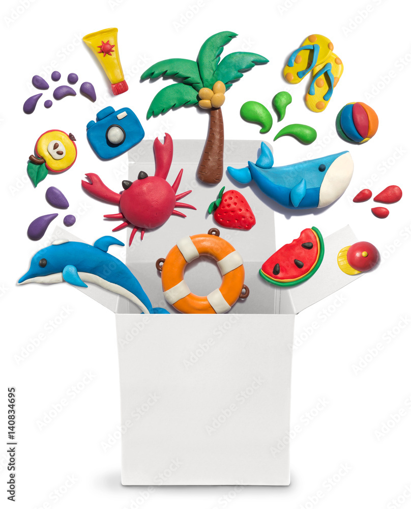 Different plasticine and clay putty handmade summer objects come out from  the white box. Free space for text message. Stock Photo | Adobe Stock