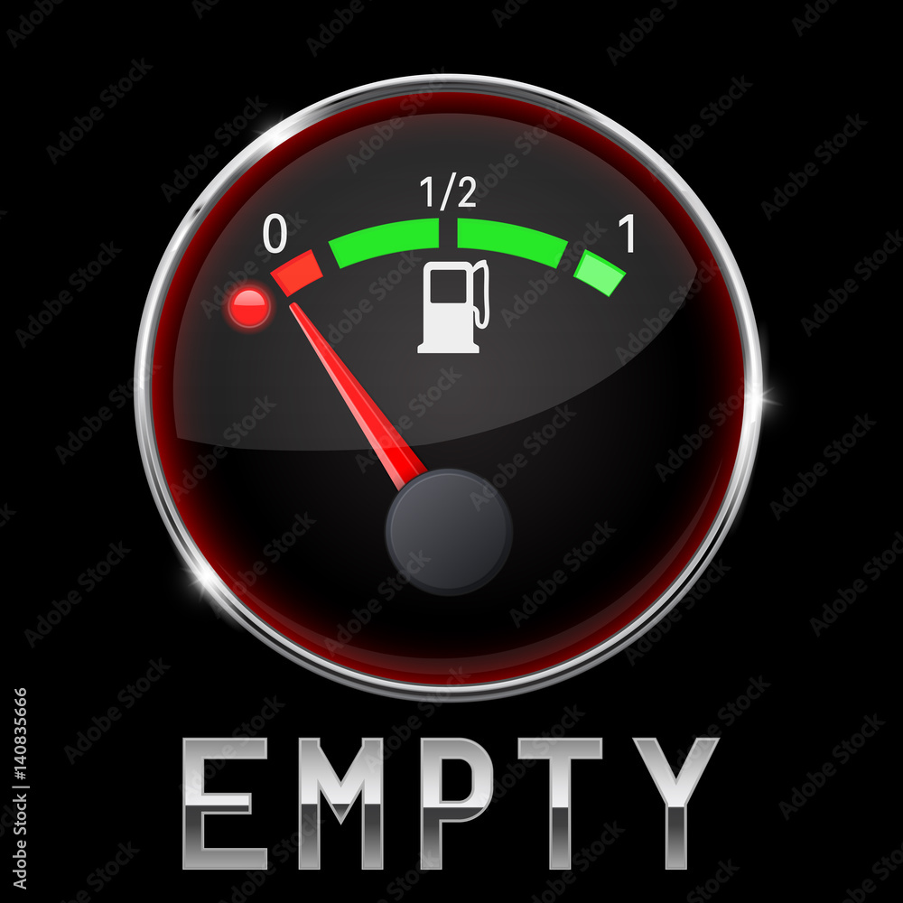 Black fuel gauge with metal frame. Empty tank