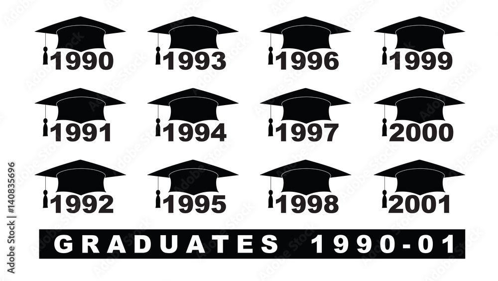 Text with graduation hat  1990-2001 set on a white illustration