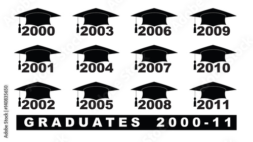 Text with graduation hat  2000-2011 set on a white illustration