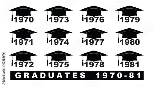 Text with graduation hat  1970-1981 set on a white illustration