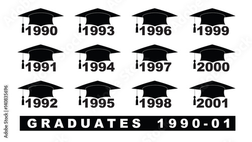 Text with graduation hat  1990-2001 set on a white illustration photo