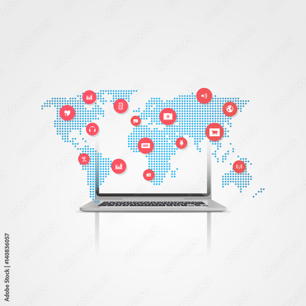 Abstract Cloud Computing and Global Network Connections Concept Design with Laptop, Illustration in Editable Vector Format Abstract Cloud Computing and Global Network Connections Concept Design with Laptop, Illustration in Editable Vector Format