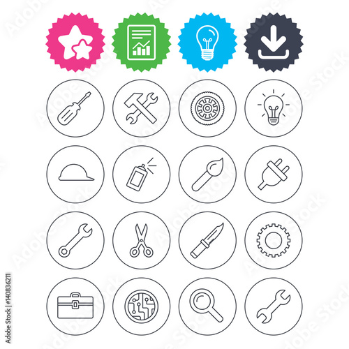 Repair tools icons. Hammer with wrench key.