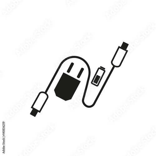 Charging accessories icon. Freehand drawn black white flat style. Adapter charger, usb cable, alkaline battery. Vector symbol of lightning computor peripherals connector or smartphone recharge supply