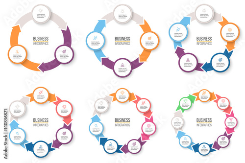 Business infographics. Circular arrows with 3-8 steps, options. Vector pie charts.