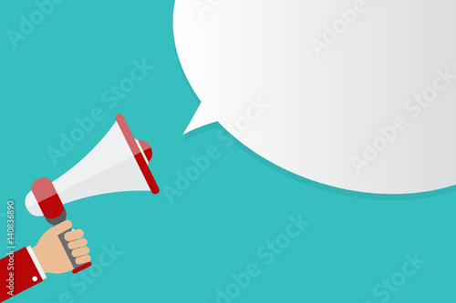 Hand holding Megaphone icon isolated on blue background with speech bubble, vector illustration