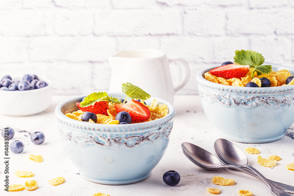 Healthy breakfast - corn flakes with fruits and berries. Healthy breakfast - corn flakes with fruits and berries.