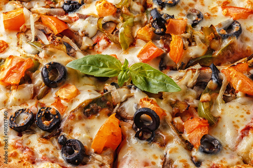 Vegetarian pizza with mozzarella cheese, tomatoes, champignons.