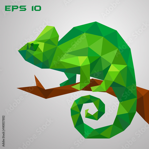 A green chameleon is sitting on a branch and looking. Thoughtful and lazy wild life. Low poly reptile on a white background. Vector illustration.