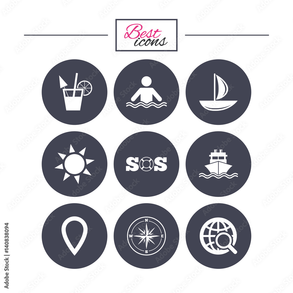 Naklejka Cruise trip, ship and yacht icons. Travel signs.