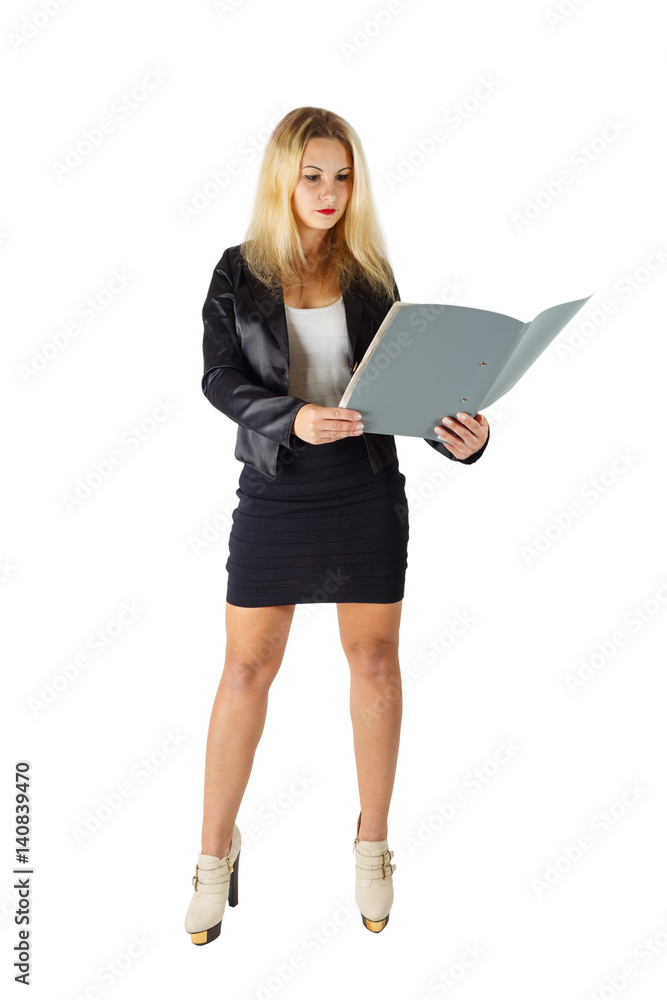 business woman holding folder with papers on white background business woman holding folder with papers on white background