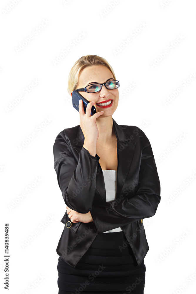Happy business woman talking on cellphone